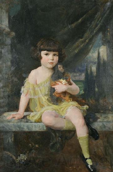 Douglas Volk Young Girl in Yellow Dress Holding her Doll France oil painting art